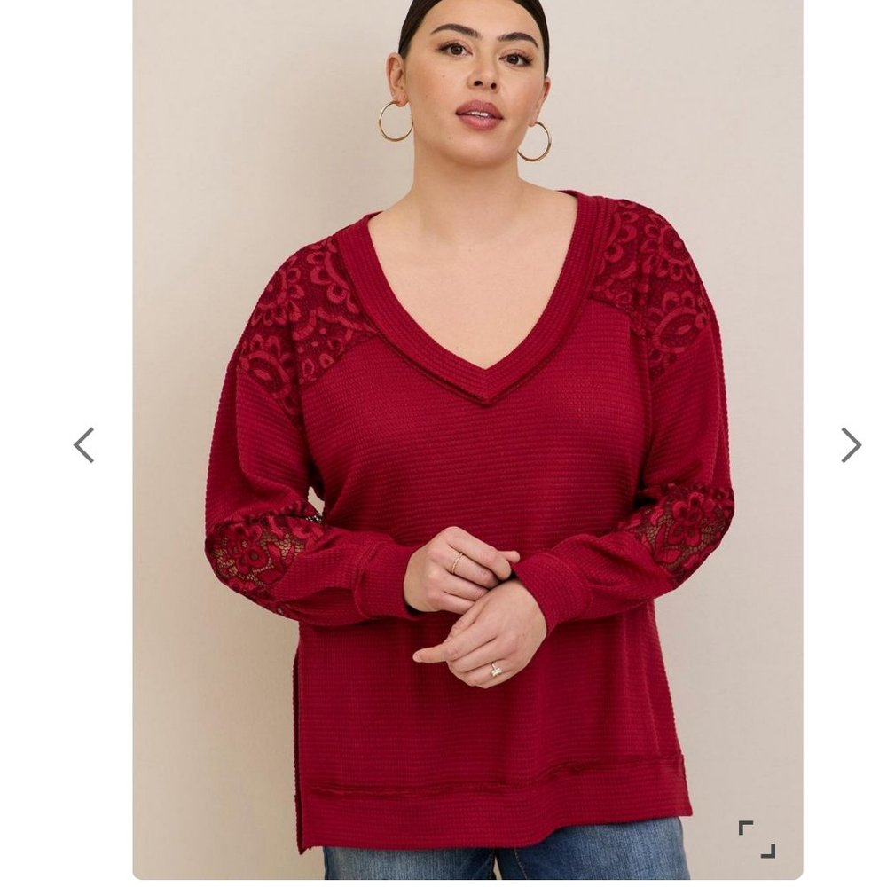 Torrid Waffle V-Neck Lace Inset Sweatshirt